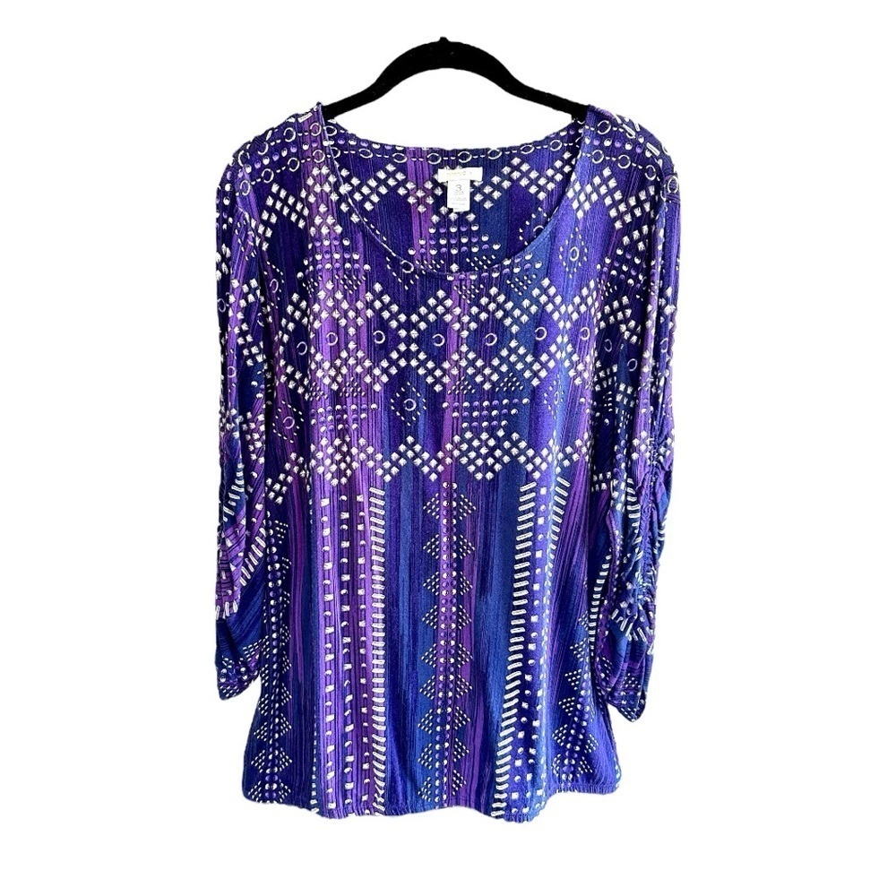 CHICO’S, WOMENS KNIT TOP. ROUND NECK, ADJUSTABLE SLEEVES. SIZE 3